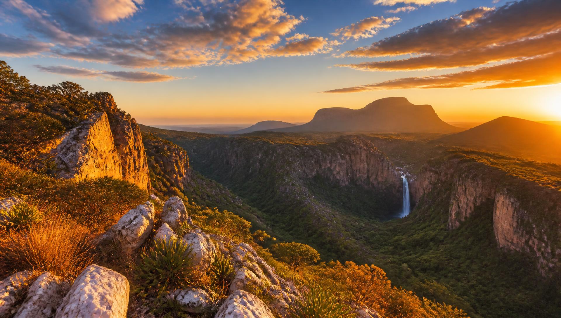 Paisagem da Chapada dos Veadeiros com cerrado e formações rochosas